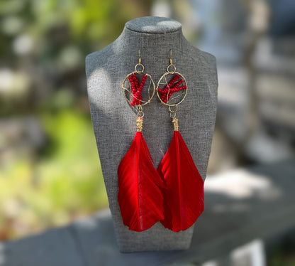 Red Beaded Feather Earrings