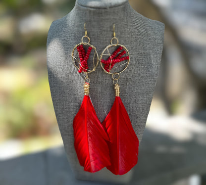 Red Beaded Feather Earrings