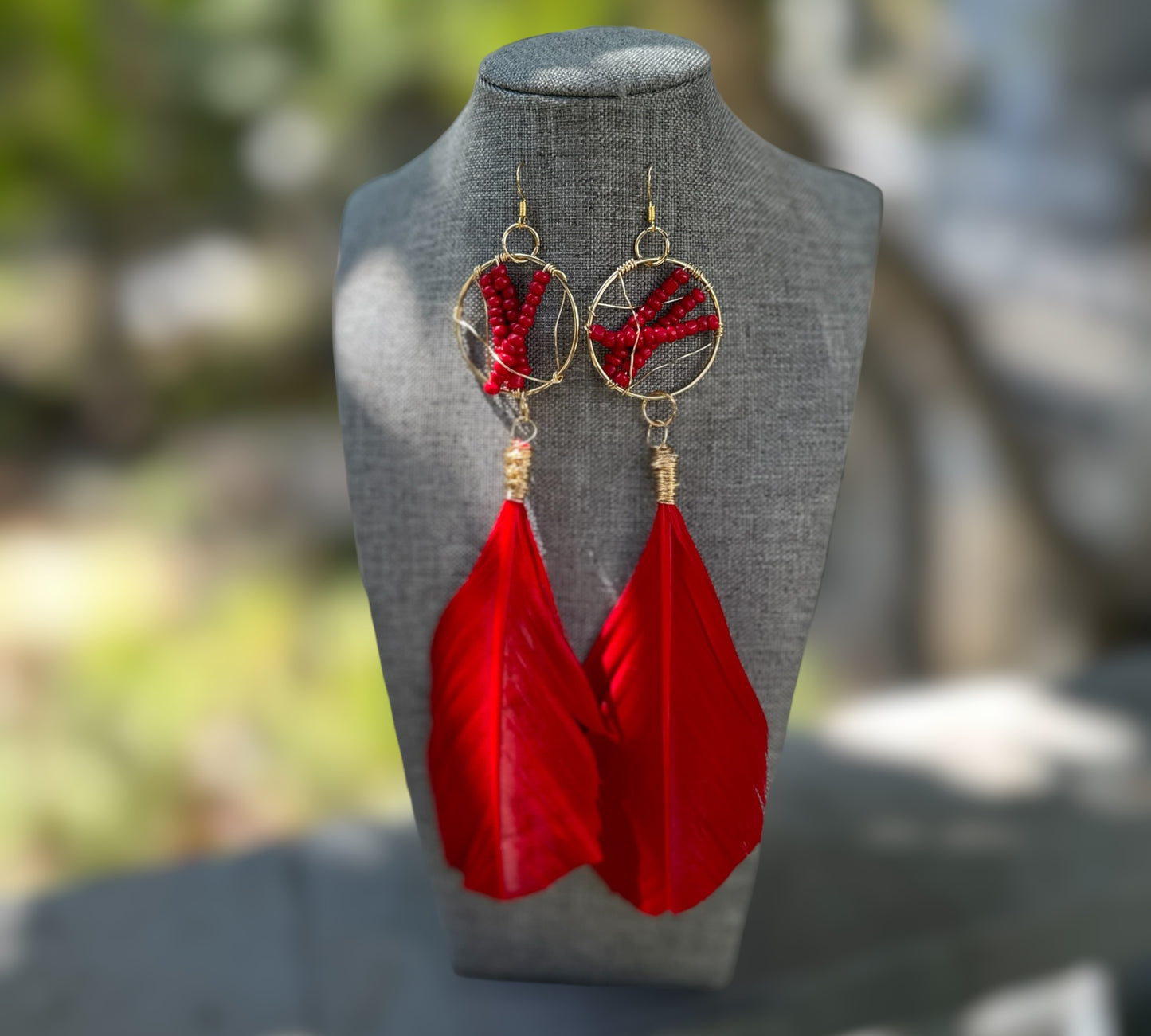 Red Beaded Feather Earrings