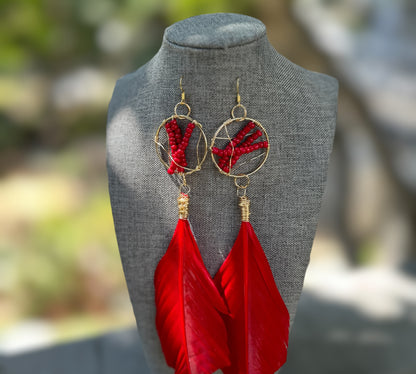 Red Beaded Feather Earrings