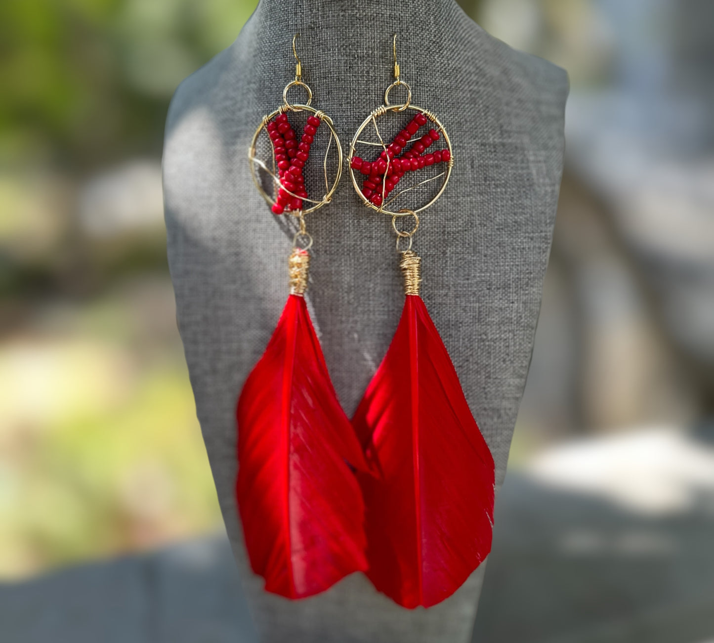 Red Beaded Feather Earrings