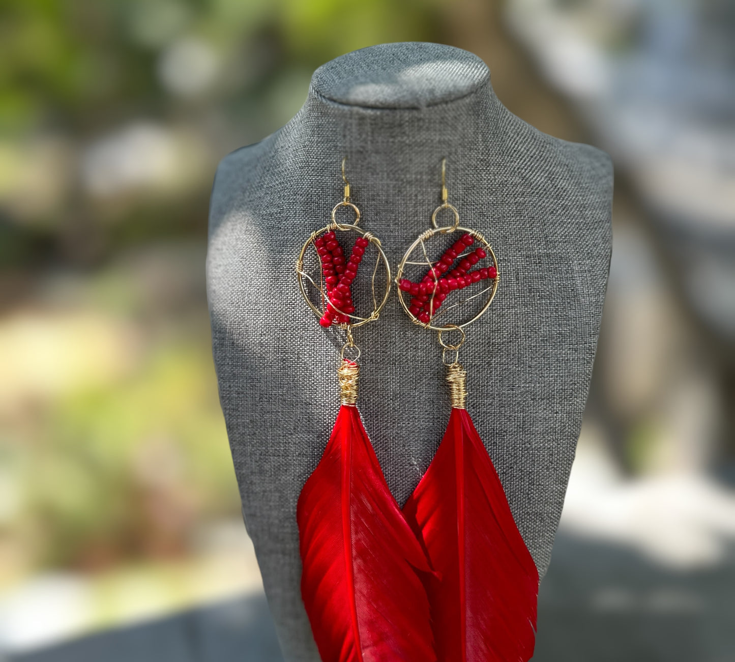 Red Beaded Feather Earrings