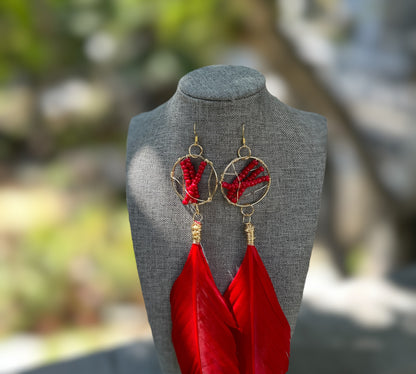 Red Beaded Feather Earrings